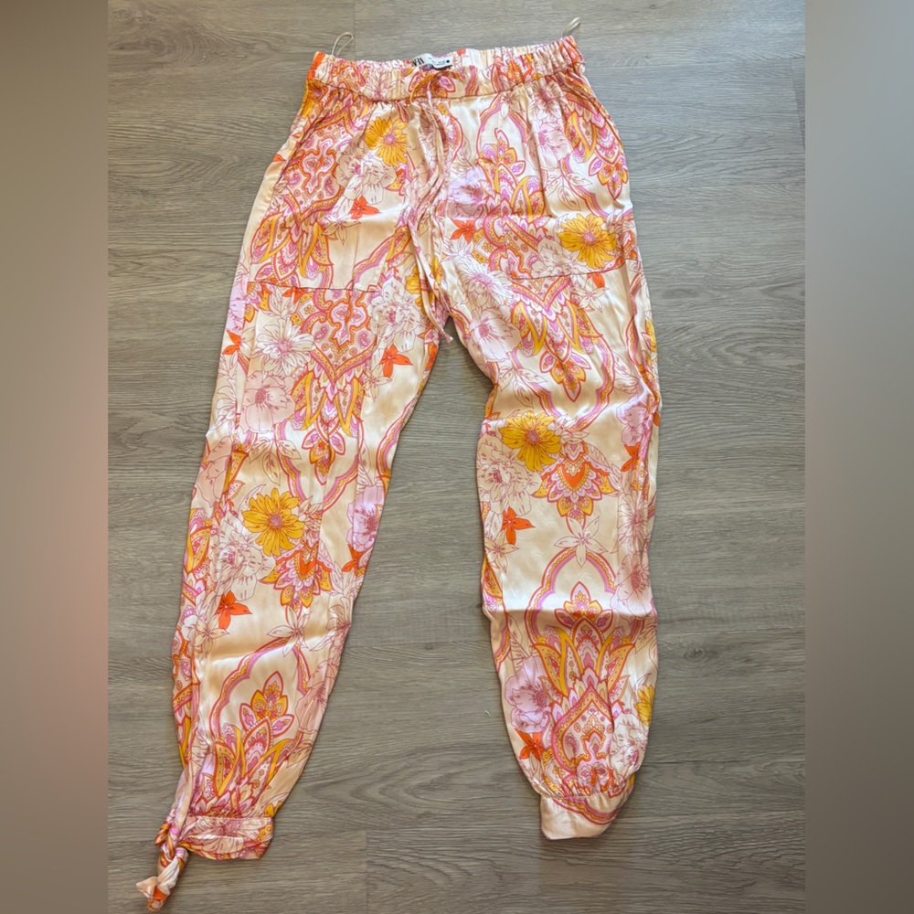 Zara Pink and Orange Track Pants with Vibrant Print